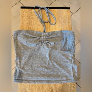 Strapless Gray Ruched Crop Top with Tie-Back and matching skirt